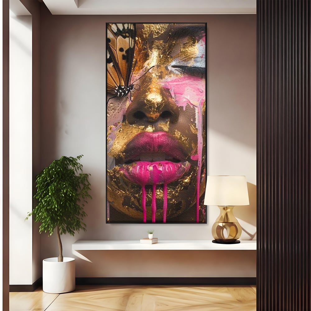 Tablou canvas cu tablou canvas cu portret artistic de femeie, in rama de aluminiu negru